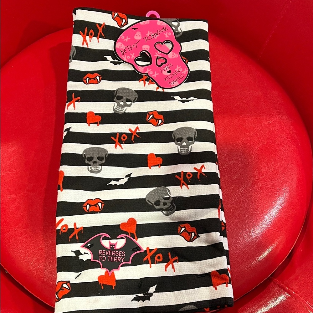 Betsey Johnson Black and White Striped Kitchen Towels with Red Hearts and skulls
